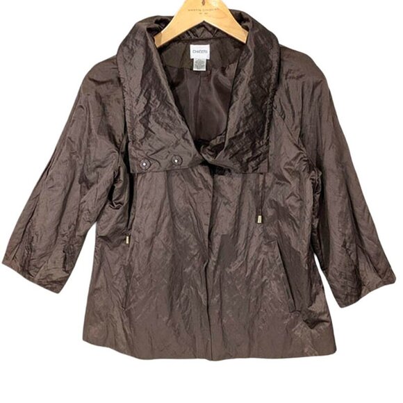 Chico's Jacket Womens 1 Med 8 Chocolate Brown Crinkle 3/4 Sleeve Mob Wife - Picture 2 of 11